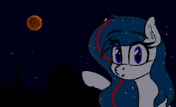 Size: 578x352 | Tagged: safe, artist:seafooddinner, imported from derpibooru, oc, oc only, oc:nasapone, earth pony, pony, :o, ear fluff, female, full moon, looking at you, mare, moon, night, open mouth, pointing, sky, solo, stars