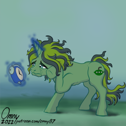 Size: 1000x1000 | Tagged: safe, artist:omny87, imported from derpibooru, oc, oc only, pony, unicorn, alarm clock, clock, dementia, everywhere at the end of time, ponified, ponified album cover, skinny, solo, thin