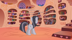 Size: 4000x2221 | Tagged: safe, artist:the smiling pony, artist:wardex101, imported from derpibooru, twilight sparkle, pony, unicorn, book, butt, discorded, discorded twilight, golden oaks library, inkscape, library, plot, text, twibutt, twilight tragedy, unicorn twilight, vector