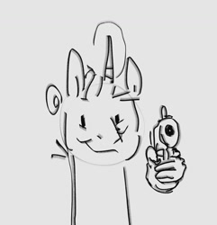 Size: 1297x1343 | Tagged: safe, artist:alumx, imported from derpibooru, oc, oc only, oc:alumx, pony, unicorn, bust, delet this, gray background, grayscale, gun, hand, handgun, looking at you, magic, magic hands, monochrome, pistol, ponysona, simple background, smiling, smiling at you, solo