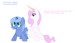 Size: 3000x1728 | Tagged: safe, artist:watertribekayla, imported from derpibooru, princess celestia, princess luna, alicorn, pony, crown, dialogue, female, filly, foal, horn, jewelry, mare, pink-mane celestia, regalia, royal sisters, s1 luna, siblings, simple background, sisters, sitting, smiling, speech bubble, spread wings, text, transparent background, wings, woona, young luna, younger