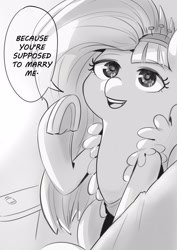 Size: 1528x2160 | Tagged: safe, artist:applephil, imported from derpibooru, kerfuffle, pony, bronybait, horseshoes, manga, marriage, monochrome, raised hoof, speech bubble