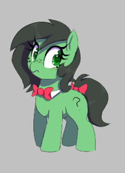 Size: 247x342 | Tagged: safe, artist:thebatfang, imported from derpibooru, oc, oc:filly anon, earth pony, pony, aggie.io, blushing, bow, bowtie, cute, female, filly, foal, freckles, gray background, simple background, solo, tail, tail bow
