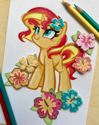 Size: 2553x3247 | Tagged: safe, artist:emberslament, artist:maren, imported from derpibooru, sunset shimmer, pony, unicorn, equestria girls, collaboration, colored pencil drawing, cute, female, flower, flower in hair, heart eyes, hibiscus, looking up, mare, photo, shimmerbetes, traditional art, wingding eyes