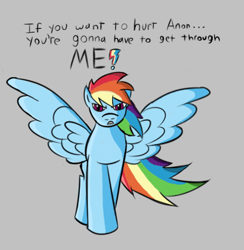 Size: 516x528 | Tagged: safe, artist:vareb, imported from derpibooru, rainbow dash, pegasus, pony, aggie.io, angry, female, looking at you, mare, protecting, solo