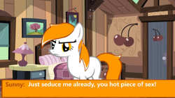 Size: 1024x578 | Tagged: safe, artist:yuitripfag, imported from derpibooru, oc, oc only, oc:sunny day, earth pony, pony, bed, bedroom, blanket, cherry, dating sim, dialogue, door, female, food, frown, lamp, mare, picture frame, pillow, text, tree, unamused, window