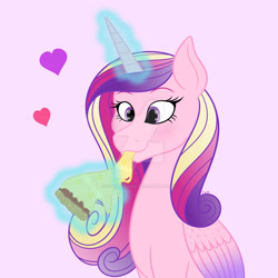 Size: 1920x1920 | Tagged: safe, artist:cherrycandi, imported from derpibooru, princess cadance, alicorn, pony, colored wings, cute, deviantart watermark, eating, eyebrows, female, floating heart, food, glowing, glowing horn, gradient wings, heart, horn, levitation, magic, magic aura, obtrusive watermark, peetzer, pineapple pizza, pink background, pizza, signature, simple background, solo, telekinesis, that pony sure does love pizza, watermark, wings