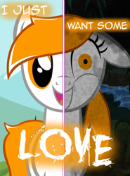Size: 770x1038 | Tagged: safe, artist:yuitripfag, imported from derpibooru, oc, oc only, oc:sunny day, earth pony, pony, female, floppy ears, insanity, mare, shrunken pupils, smiling, text, two sided posters, two sides