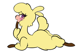 Size: 2388x1668 | Tagged: safe, artist:php156, imported from derpibooru, alpaca, them's fightin' herds, blushing, butt, cloven hooves, community related, female, heart, heart eyes, looking at you, lying down, papributt, paprika (tfh), plot, simple background, solo, white background, wingding eyes