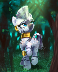 Size: 2257x2783 | Tagged: safe, artist:xbi, imported from derpibooru, zecora, pony, zebra, 30 minute art challenge finished after, bracelet, crepuscular rays, cute, ear piercing, earring, female, forest, jewelry, mare, neck rings, piercing, raised hoof, solo, sunlight, zecorable