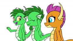 Size: 1280x720 | Tagged: safe, artist:gregory-the-griffon, imported from derpibooru, smolder, oc, oc:emerald, oc:peridot, dragon, dragoness, eyes closed, female, hands on head, siblings, simple background, twins, white background