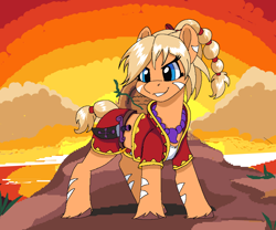 Size: 3600x3000 | Tagged: safe, alternate version, artist:brainiac, imported from derpibooru, earth pony, pony, aseprite, chrono cross, clothes, crossover, dagger, female, kid (chrono cross), mare, pixel art, ponified, solo, sunset, unshorn fetlocks, vest, weapon