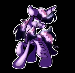 Size: 1000x980 | Tagged: safe, artist:galaxydream22, imported from derpibooru, mean twilight sparkle, alicorn, pony, black background, evil grin, female, floppy ears, grin, looking at you, mare, outline, simple background, smiling, solo, white outline