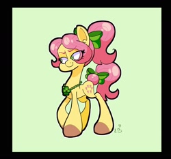 Size: 2000x1867 | Tagged: safe, artist:galaxydream22, imported from derpibooru, earth pony, pony, bow, female, g5, green background, hair bow, jewelry, mare, necklace, ponytail, posey bloom, simple background, smiling, solo, tail, tail bow