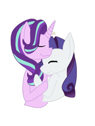 Size: 960x1280 | Tagged: safe, artist:rarityglimmer, imported from derpibooru, rarity, starlight glimmer, unicorn, curled mane, cute, eyes closed, female, lesbian, multicolored mane, pink coat, purple mane, shipping, simple background, smiling, starity, transparent background