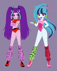 Size: 3293x4096 | Tagged: safe, artist:rileyav, imported from derpibooru, aria blaze, sonata dusk, human, equestria girls, arm warmers, belly button, clothes, cosplay, costume, crossed arms, crossover, duo, eye clipping through hair, female, fingerless gloves, five nights at freddy's, five nights at freddy's: security breach, glamrock chica, gloves, hand on hip, high res, hot pants, leg warmers, leotard, looking at you, midriff, open mouth, open smile, purple background, roxanne wolf, shoes, shoulder pads, simple background, smiling, smiling at you, sneakers, tongue out, whisker markings