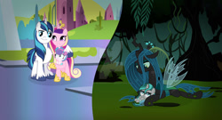 Size: 1024x551 | Tagged: safe, artist:90sigma, artist:quartziie, artist:velveagicsentryyt, imported from derpibooru, princess cadance, princess flurry heart, queen chrysalis, shining armor, oc, oc:shadow, changepony, hybrid, nymph, pony, baby, baby pony, female, filly, foal, interspecies offspring, lying down, offspring, parent:queen chrysalis, parent:shining armor, parents:shining chrysalis, prone