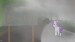 Size: 4000x2252 | Tagged: safe, artist:tempestdk, imported from derpibooru, oc, oc only, oc:puff smarts, earth pony, pony, colt, foal, fog, male, road, scenery, sign, silent hill, solo, street