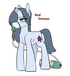 Size: 682x734 | Tagged: safe, artist:redxbacon, imported from derpibooru, oc, oc:red venus, pony, unicorn, blind, hair over one eye, oxygen mask, oxygen tank, ribs, scar, solo