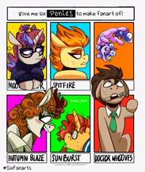 Size: 1640x1938 | Tagged: safe, artist:lrusu, imported from derpibooru, autumn blaze, doctor whooves, moondancer, screwball, spitfire, sunburst, time turner, earth pony, kirin, pegasus, pony, unicorn, six fanarts, doctor who, female, male, mare, out of frame, sonic screwdriver, stallion, the doctor