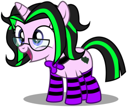 Size: 3330x2830 | Tagged: safe, artist:strategypony, imported from derpibooru, oc, oc only, oc:electric kisses, pony, unicorn, bowtie, clothes, cute, female, filly, foal, glasses, high res, horn, ocbetes, open mouth, open smile, shadow, simple background, smiling, socks, solo, striped mane, striped socks, transparent background, unicorn oc