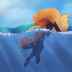 Size: 1280x1280 | Tagged: safe, artist:naughtyawoo, imported from derpibooru, oc, oc only, earth pony, pony, cloud, crepuscular rays, eyes closed, male, ocean, orange mane, signature, sky, smiling, solo, stallion, sunlight, swimming, underwater, water