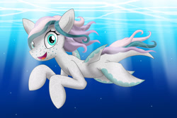 Size: 2998x2001 | Tagged: safe, artist:discorsaurus, imported from derpibooru, oc, oc only, hybrid, merpony, original species, seapony (g4), shark, shark pony, blue eyes, bubble, dorsal fin, female, fins, flowing mane, freckles, looking at you, mare, ocean, open mouth, open smile, request, smiling, solo, swimming, underwater, water