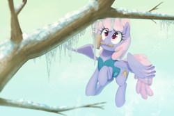 Size: 5400x3600 | Tagged: safe, artist:thebatfang, imported from derpibooru, rainbowshine, pegasus, pony, art pack:winter wrap pack, winter wrap up, clothes, cute, eye clipping through hair, female, flying, hammer, ice, icicle, mallet, mare, mouth hold, raised hoof, sky, smiling, solo, spread wings, tree, tree branch, vest, wings