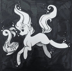 Size: 750x744 | Tagged: safe, artist:amberlight101, imported from derpibooru, oc, oc only, earth pony, fish, pony, black and white, black background, bubble, fish tail, flowing mane, flowing tail, grayscale, ink drawing, looking at each other, looking at someone, monochrome, ocean, simple background, solo, swimming, tail, traditional art, underwater, water