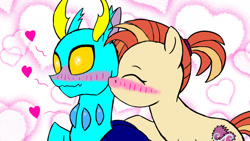 Size: 1280x720 | Tagged: safe, artist:gregory-the-griffon, imported from derpibooru, shimmy shake, oc, changedling, changeling, earth pony, blushing, canon x oc, cheek kiss, heart, kissing, shipping