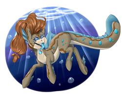 Size: 1412x1102 | Tagged: safe, artist:crecious, imported from derpibooru, oc, oc only, hybrid, merpony, original species, shark, shark pony, blue eyes, brown mane, bubble, crepuscular rays, deviantart watermark, dorsal fin, fangs, obtrusive watermark, ocean, simple background, smiling, solo, sunlight, swimming, teeth, tongue out, transparent background, underwater, water, watermark