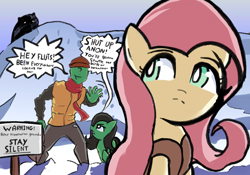 Size: 2388x1668 | Tagged: safe, artist:solid shrimp, imported from derpibooru, fluttershy, oc, oc:anon, oc:filly anon, bear, earth pony, human, pegasus, pony, art pack:winter wrap pack, winter wrap up, clothes, coat, dialogue, female, filly, fluttershy is not amused, foal, hat, looking back, mare, open mouth, scarf, sign, snow, talking, this will end in death, this will end in pain, this will not end well, unamused, vest, warning sign, yelling