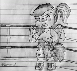 Size: 1280x1178 | Tagged: safe, artist:ct1443ae, imported from derpibooru, rainbow dash, pegasus, semi-anthro, boxing, boxing gloves, boxing ring, boxing shorts, clothes, lined paper, mouth guard, open mouth, pencil drawing, shoes, shorts, solo, sports, traditional art