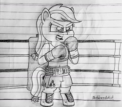 Size: 1280x1120 | Tagged: safe, artist:ct1443ae, imported from derpibooru, applejack, earth pony, semi-anthro, boxing, boxing gloves, boxing ring, boxing shorts, clothes, lined paper, mouth guard, open mouth, pencil drawing, shoes, shorts, solo, sports, traditional art