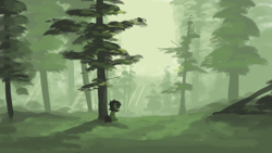Size: 1280x720 | Tagged: safe, artist:plunger, imported from derpibooru, oc, oc:filly anon, pony, unicorn, fanfic art, female, filly, foal, forest, grass, limited palette, painting, sad, scenery, sitting, solo, story in the source, story included, tree