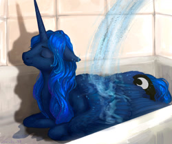 Size: 1574x1319 | Tagged: safe, artist:lusille, imported from derpibooru, princess luna, alicorn, pony, fanfic:moon rise, :t, bath, bathroom, bathtub, beautiful, butt fluff, chest fluff, cute, ear fluff, ethereal mane, eyes closed, fanfic, fanfic art, female, floppy ears, fluffy, leg fluff, lunabetes, lying down, mare, missing accessory, prone, relaxing, shoulder fluff, shower, smiling, solo, starry mane, water, wet, wet mane, wing fluff, wings