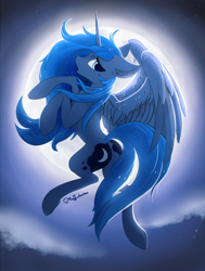 Size: 3660x4843 | Tagged: safe, artist:muffinkarton, imported from derpibooru, princess luna, alicorn, pony, chest fluff, cute, ear fluff, female, flying, full moon, leg fluff, lunabetes, mare, moon, night, profile, sky, solo, wing fluff, wings