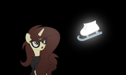 Size: 1527x916 | Tagged: safe, artist:darbypop1, imported from derpibooru, oc, oc only, oc:darby, pony, unicorn, black background, clothes, female, glasses, ice skates, mare, simple background, solo, sweater