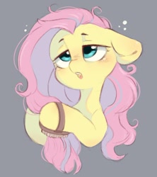 Size: 939x1059 | Tagged: safe, artist:melodylibris, imported from derpibooru, fluttershy, pegasus, pony, :o, bed hair, blushing, brush, brushing, cute, female, floppy ears, gray background, hairbrush, lidded eyes, mare, messy mane, morning ponies, open mouth, shyabetes, simple background, solo, tired eyes