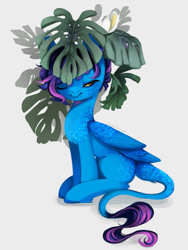 Size: 1051x1400 | Tagged: safe, artist:dammmnation, imported from derpibooru, oc, oc only, pegasus, pony, leonine tail, one eye closed, pegasus oc, plant, simple background, smiling, solo, tail, white background, wings, wink