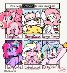 Size: 1042x1142 | Tagged: safe, artist:sakukitty, imported from derpibooru, oc, oc only, oc:bay breeze, oc:ninny, oc:oofy colorful, oc:rosa flame, oc:sugar morning, oc:techy twinkle, pegasus, pony, unicorn, six fanarts, bow, eyes closed, female, flower, flower in hair, folded wings, grin, hair bow, horn, mare, open mouth, open smile, pegasus oc, raised hoof, smiling, spread wings, unicorn oc, wings