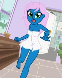 Size: 478x597 | Tagged: safe, artist:noreencreatesbases, artist:ry-bluepony1, imported from derpibooru, oc, oc:radiant rail, human, equestria girls, bathroom, breasts, equestria girls-ified, female, running, solo, towel