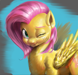 Size: 767x739 | Tagged: source needed, safe, artist:zzugguri, imported from derpibooru, fluttershy, pegasus, pony, cute, haircut, looking at you, one eye closed, shyabetes, simple background, wink, winking at you