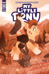 Size: 2063x3131 | Tagged: safe, artist:justasuta, idw, imported from derpibooru, hitch trailblazer, bird, earth pony, pony, rabbit, squirrel, spoiler:comic, spoiler:g5comic, spoiler:g5comic02, animal, bandage, colt, comic cover, cover art, critter magnet, foal, forest, g5, limited palette, male, my little pony logo, my little pony: a new generation, official, sleeping bag, smiling, solo, text