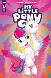 Size: 2063x3131 | Tagged: safe, artist:robin easter, idw, imported from derpibooru, zipp storm, dog, pegasus, pomeranian, pony, spoiler:comic, spoiler:g5comic, spoiler:g5comic03, cloudpuff, colored wings, comic, comic cover, duo, duo male and female, eyebrows, female, flying, flying pomeranian, g5, high res, male, mare, multicolored wings, my little pony logo, my little pony: a new generation, official, open mouth, open smile, smiling, spread wings, text, tongue out, winged dog, wings