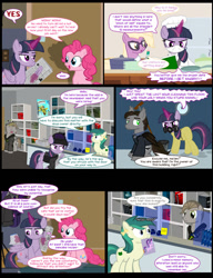 Size: 1042x1358 | Tagged: safe, artist:dendoctor, imported from derpibooru, daring do, grace manewitz, mean twilight sparkle, pinkie pie, starlight glimmer, twilight sparkle, alicorn, bat pony, earth pony, pegasus, pony, unicorn, comic:clone.., alternate universe, book, clock, clone, clothes, comic, face mask, female, glasses, glowing, glowing horn, hat, horn, magic, male, mask, newspaper, pan, pinkie clone, plate, pointy ponies, quill, telekinesis, twilight sparkle (alicorn), waitress