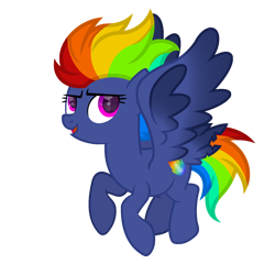 Size: 1800x1800 | Tagged: safe, artist:ponkus, derpibooru exclusive, imported from derpibooru, rainbow dash, pegasus, pony, female, flying, full body, hooves, mare, multicolored mane, multicolored tail, open mouth, open smile, palindrome get, redesign, show accurate, simple background, smiling, solo, spread wings, tail, tail feathers, transparent background, wings
