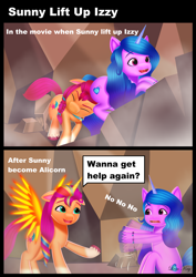 Size: 2480x3508 | Tagged: safe, artist:leonkay, imported from derpibooru, izzy moonbow, sunny starscout, alicorn, earth pony, pony, unicorn, 2 panel comic, alicorn problems, artificial horn, artificial wings, augmented, comic, female, g5, horn, implications, magic, magic horn, magic wings, mare, my little pony: a new generation, race swap, sunnycorn, wings