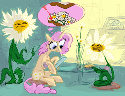 Size: 2732x2093 | Tagged: safe, artist:ja0822ck, imported from derpibooru, oc, oc only, pony, unicorn, animate plant, crying, daffodil and daisy sandwich, daisy (flower), diplomacy, flower, food, food chain, herbivore, herbivore vs animate plant, lunch, mouth watering, sandwich