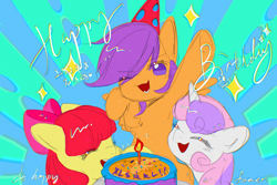 Size: 1800x1200 | Tagged: safe, artist:li-84, imported from derpibooru, apple bloom, scootaloo, sweetie belle, earth pony, pegasus, pony, unicorn, armpits, birthday cake, cake, cutie mark crusaders, female, filly, foal, food, hat, party hat